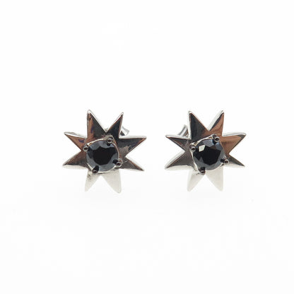 925 Sterling Silver Real Round-Cut Black Spinel Sun Stud Earrings