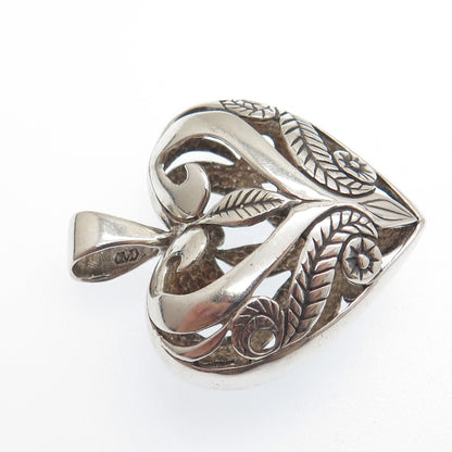 MORNING SUN 925 Sterling Silver Vintage Ornate Flower Heart Pendant