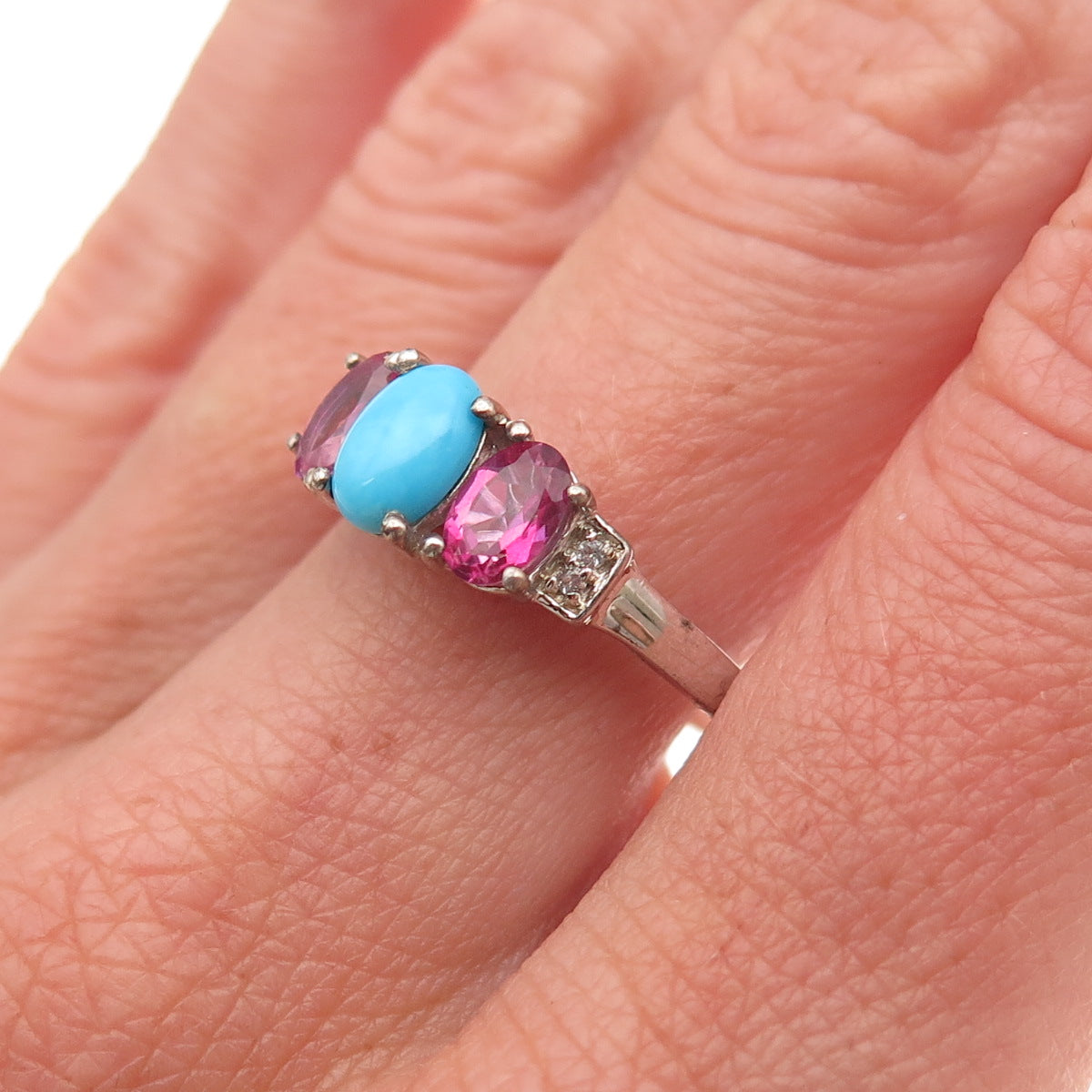 Chuck Clemency 925 Sterling Silver Real Turquoise Pink & White Topaz Ring Size 8
