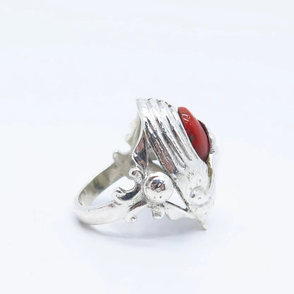 925 Sterling Silver Antique Real Coral Bird Ring Size 6.75