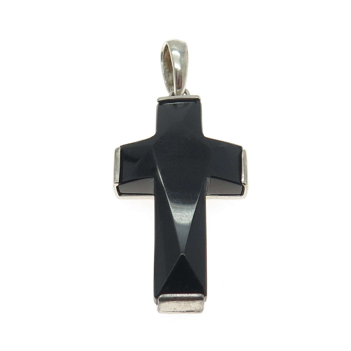 CHAPAL ZENRAY 925 Sterling Silver Vintage Real Black Onyx Gem Cross Pendant