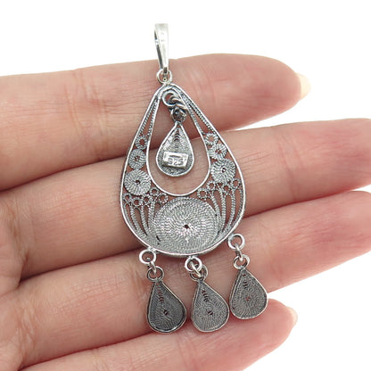 925 Sterling Silver Vintage Filigree Teardrop Shape Oxidized Dangle Pendant