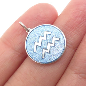 925 Sterling Silver Blue Enamel Aquarius Zodiac Sign Minimalist Charm Pendant
