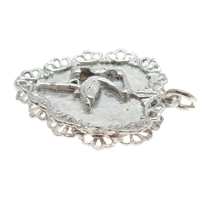 ARTS ELEGANCE 925 Sterling Silver Antique Art Deco Stork Bird Baby Heart Pendant