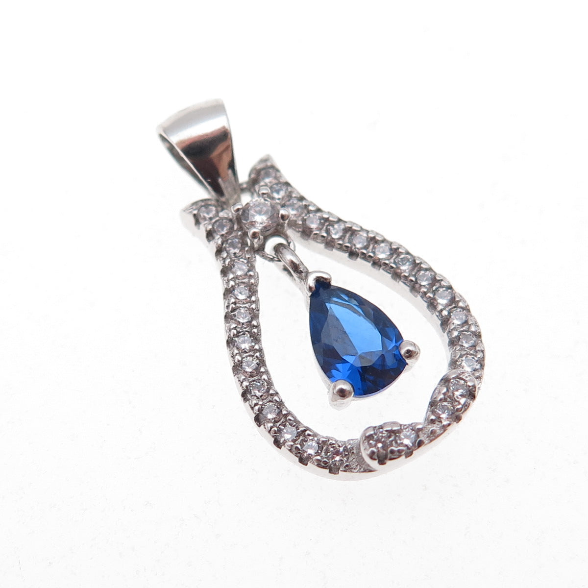 925 Sterling Silver Blue & White C Z Teardrop Charm Pendant