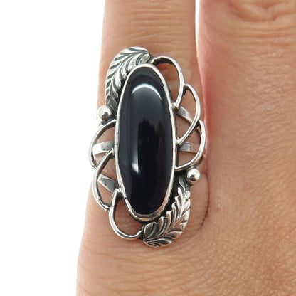 SILVER BEAR Old Pawn 925 Sterling Vintage Southwestern Black Onyx Ring Size 4.75