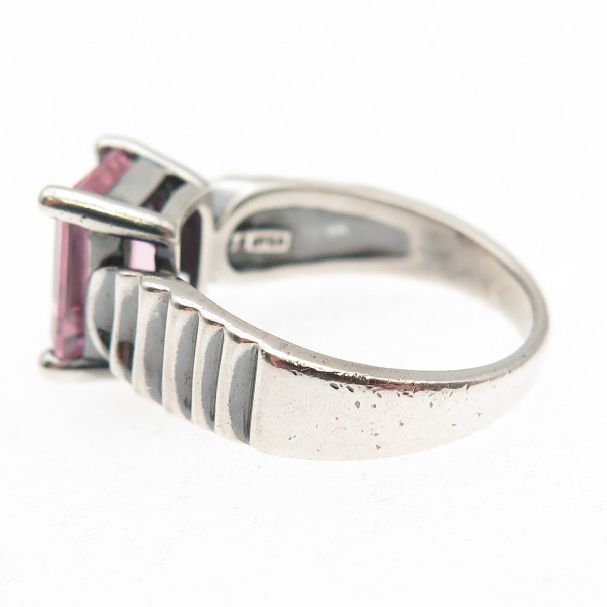 925 Sterling Silver Vintage Emerald-Cut Pink C Z Oxidized Ring Size 7