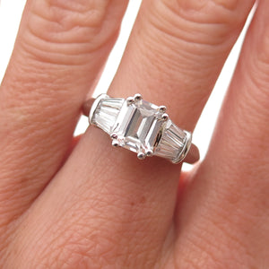 925 Sterling Silver Emerald & Tapered Baguette-Cut C Z Engagement Ring Size 7