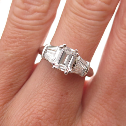 925 Sterling Silver Emerald & Tapered Baguette-Cut C Z Engagement Ring Size 7