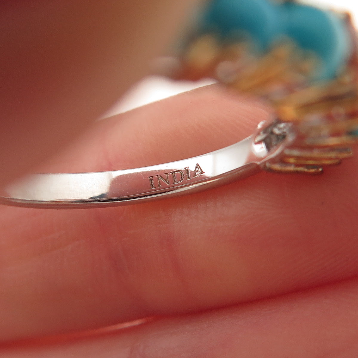 925 Sterling Silver 2-Tone Real Fire Sapphire & Turquoise Ring Size 8.25