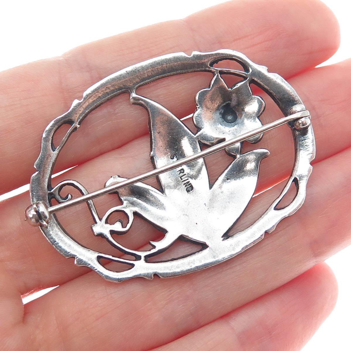 925 Sterling Silver Antique Art Deco Flower Oxidized Pin Brooch