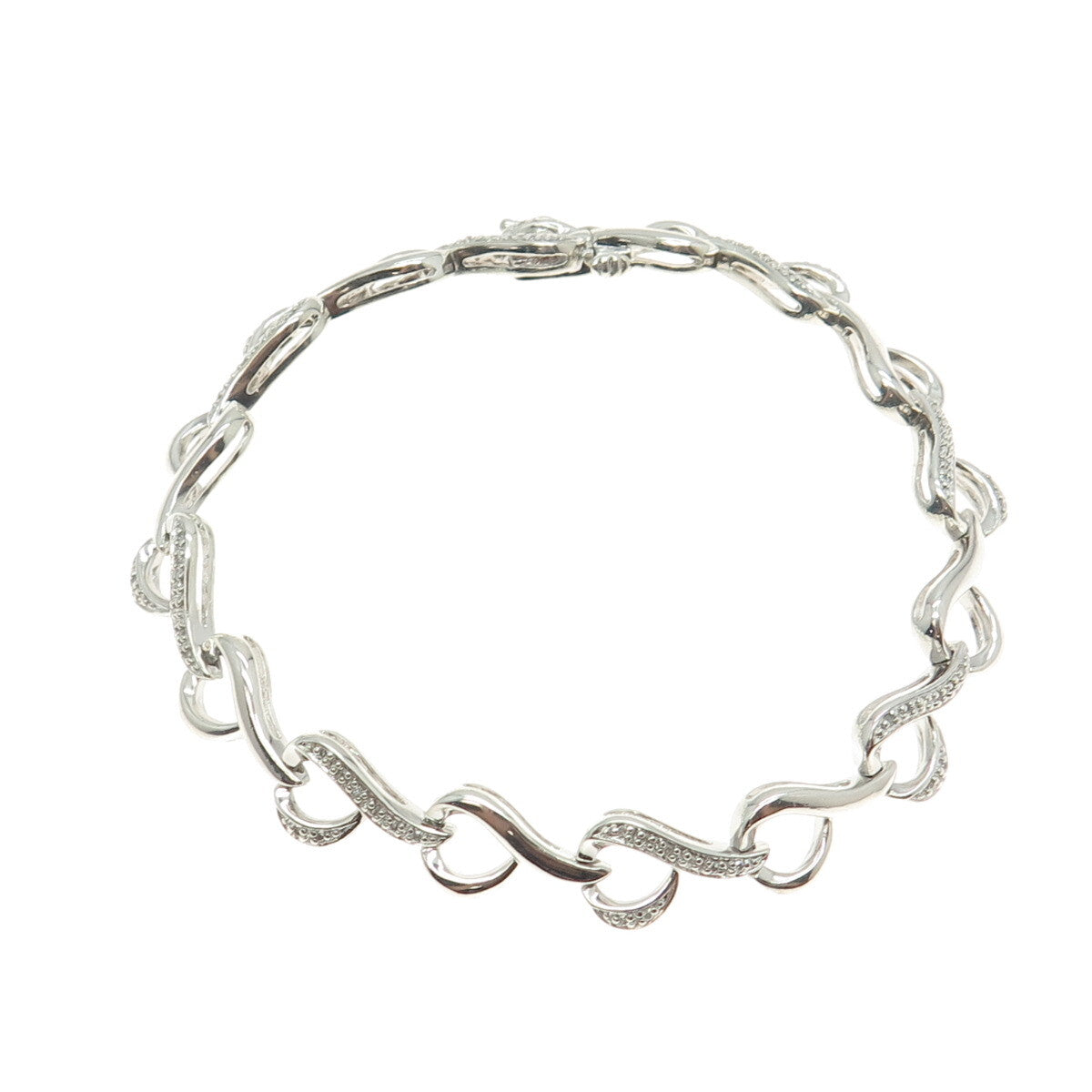 SUN 925 Sterling Silver Real Round-Cut White Diamond Heart Link Bracelet 7.25"