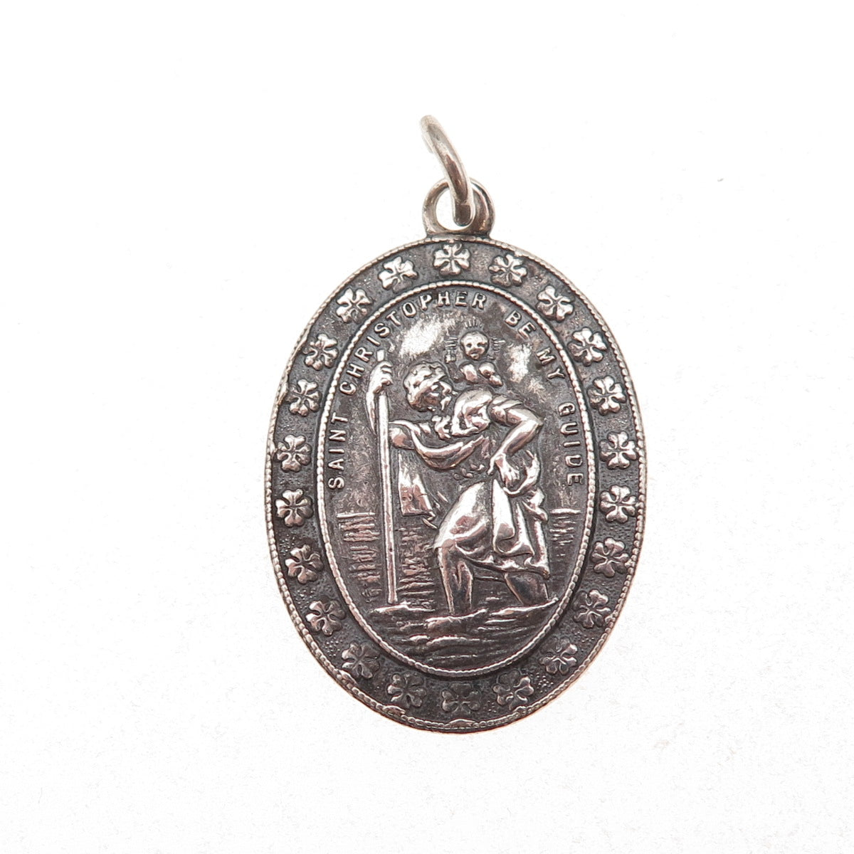 925 Sterling Silver Antique Art Deco St. Christopher Clover Good Luck Pendant