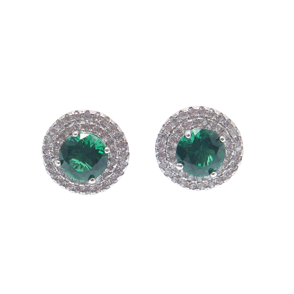 925 Sterling Silver Round-Cut Green & White C Z Stud Earrings