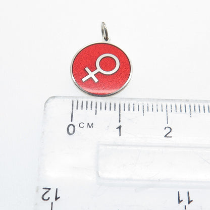 925 Sterling Silver Red Enamel Female Sign Round Tag Minimalist Charm Pendant