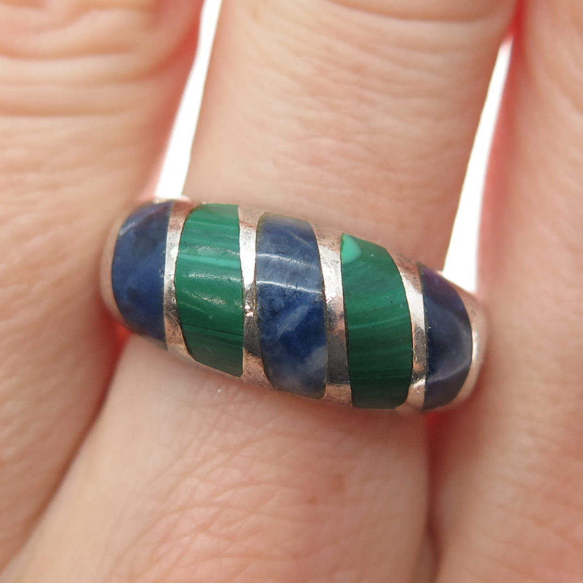 925 Sterling Silver Vintage Mexico Real Malachite & Sodalite Ring Size 8