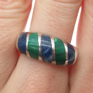 925 Sterling Silver Vintage Mexico Real Malachite & Sodalite Ring Size 8
