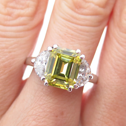 925 Sterling Silver Emerald-Cut Canary & White C Z Ring Size 9