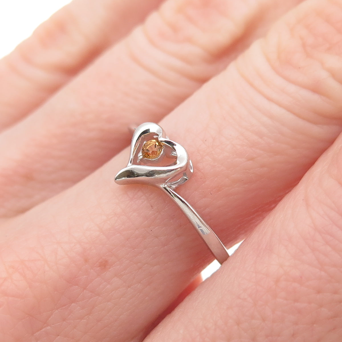 925 Sterling Silver Round-Cut Champagne C Z Heart Ring Size 6.75