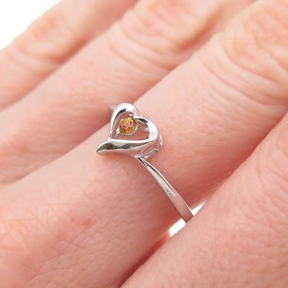925 Sterling Silver Round-Cut Champagne C Z Heart Ring Size 6.75