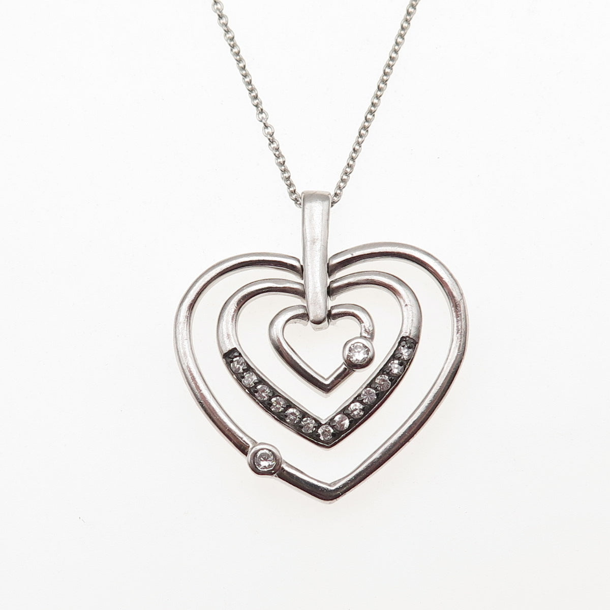 925 Sterling Silver Round-Cut C Z Triple Heart Cable Chain Necklace 18"