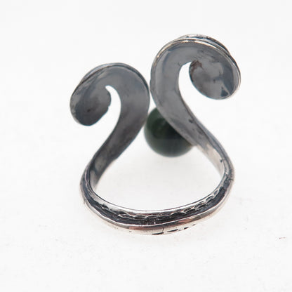 925 Sterling Silver Vintage Real Jade Modernist Adjustable Ring Size 7.5