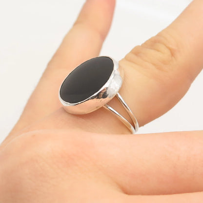 925 Sterling Silver Vintage Real Black Onyx Gem Round Signet Ring 6