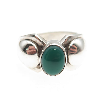 925 Sterling Silver Vintage Real Green Onyx Modernist Oxidized Ring Size 7.75