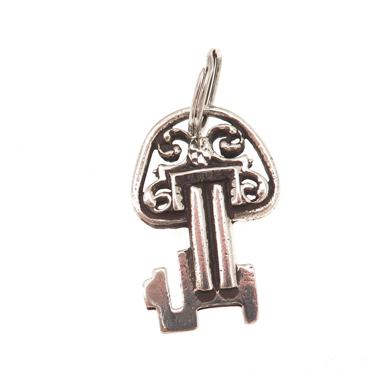 925 Sterling Silver Antique Art Deco Floral Key Oxidized Charm Pendant