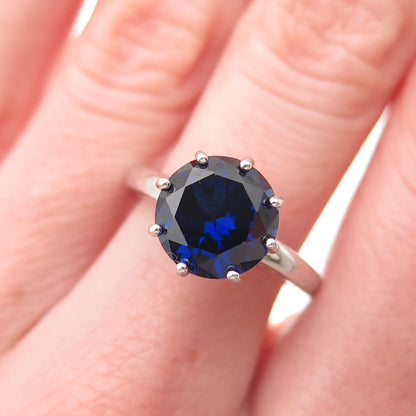 925 Sterling Silver Round-Cut Lab-Created Sapphire Ring Size 6.75