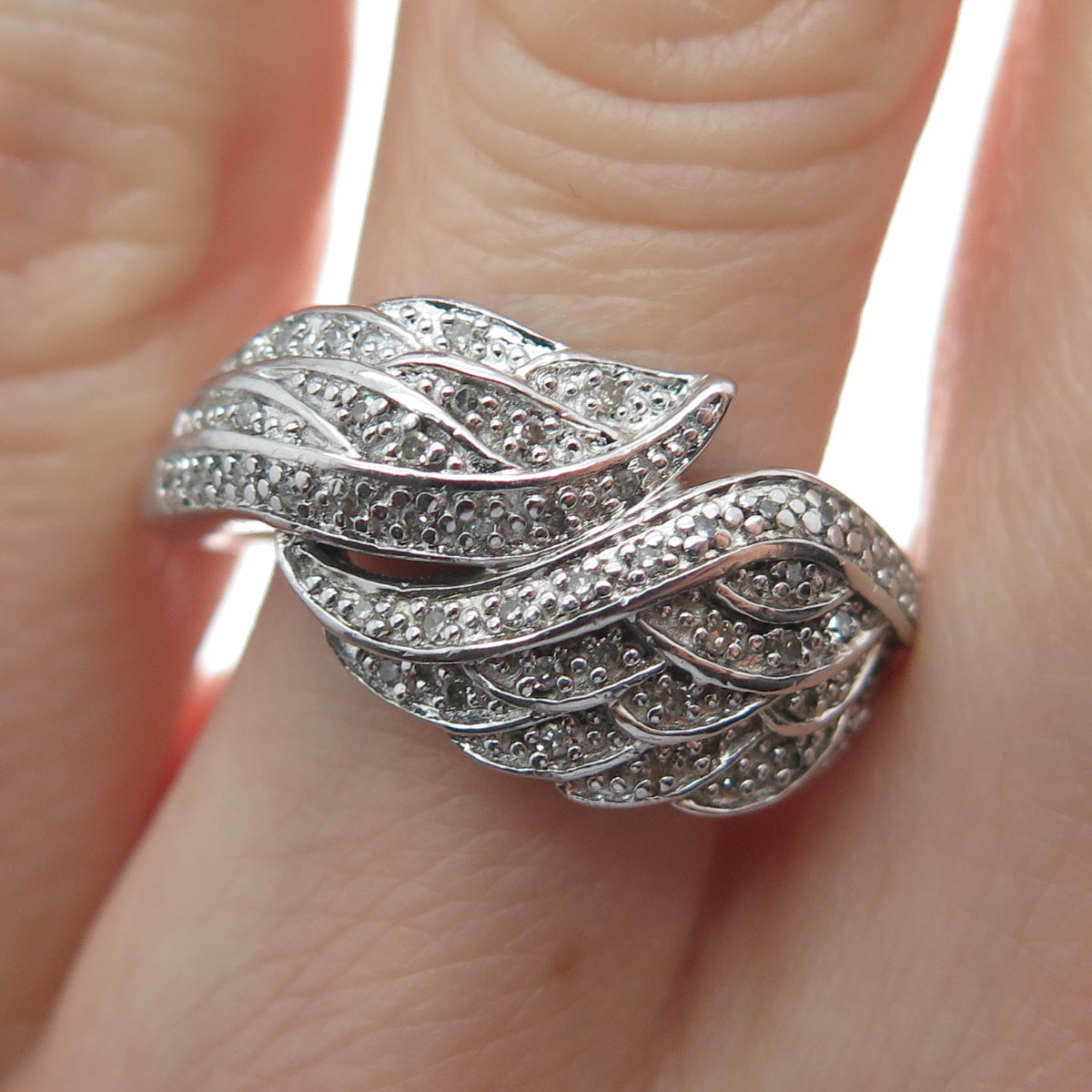 925 Sterling Silver Real Round-Cut Diamond Wings Ring Size 8.25