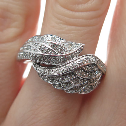 925 Sterling Silver Real Round-Cut Diamond Wings Ring Size 8.25