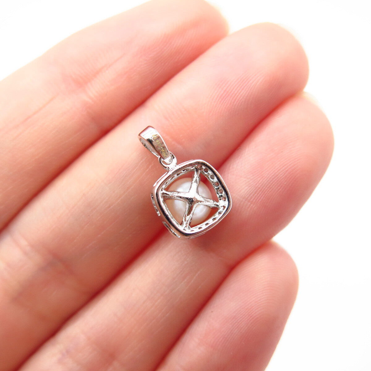 925 Sterling Silver Faux Pearl & C Z Small Pendant