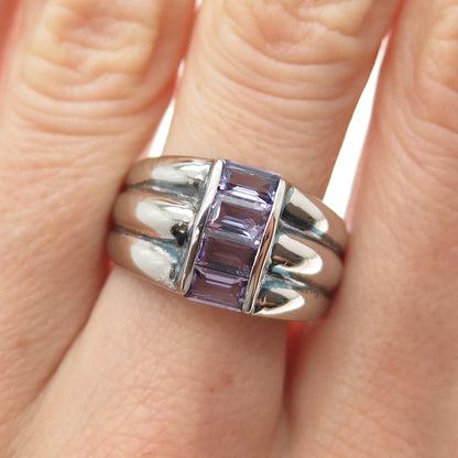 925 Sterling Silver Vintage Real Emerald-Cut Amethyst 3-Row Oxidized Ring Size 8