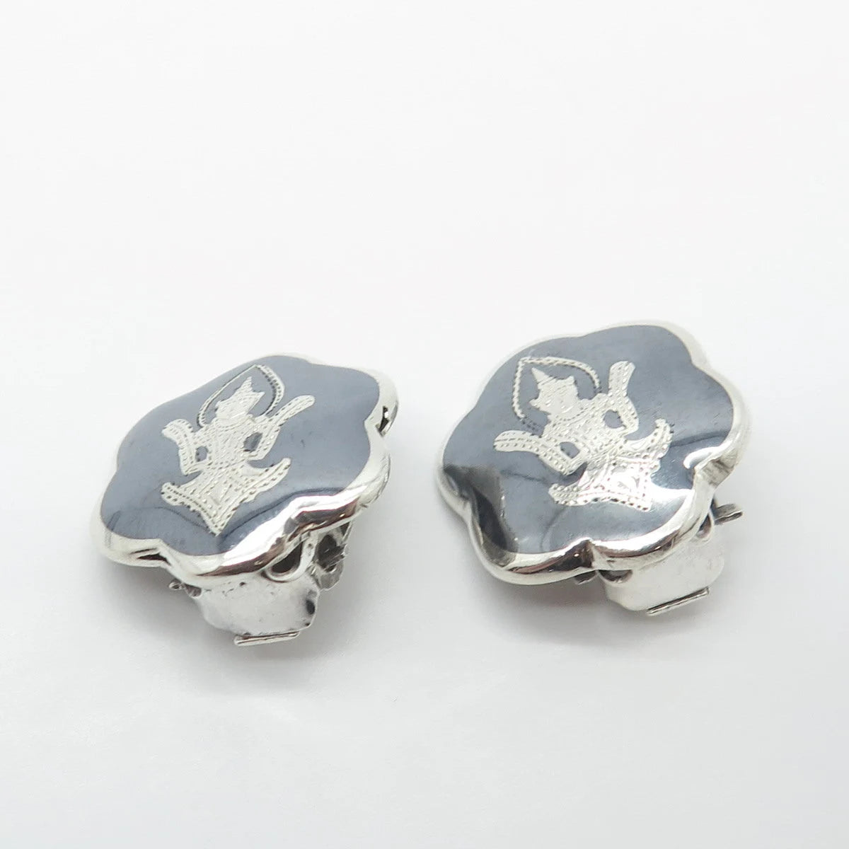 925 Sterling Silver Vintage Siam Enamel Niello Hindu Goddess Clip On Earrings