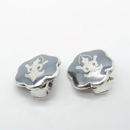 925 Sterling Silver Vintage Siam Enamel Niello Hindu Goddess Clip On Earrings