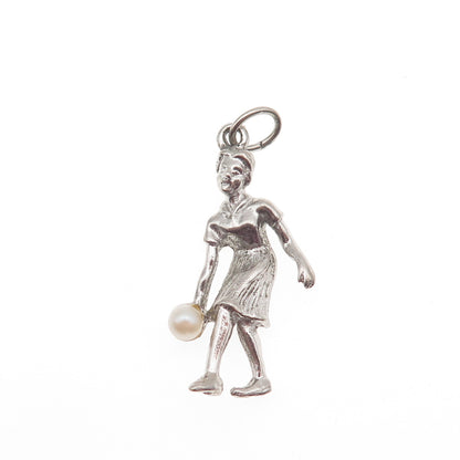 925 Sterling Silver Vintage Real Pearl Female Bowler Oxidized Charm Pendant