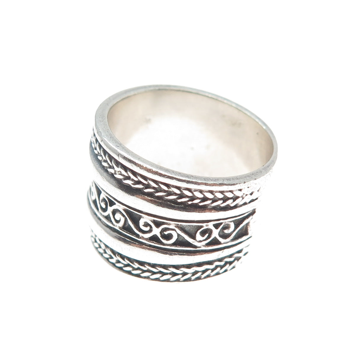 925 Sterling Silver Vintage Wheat Braided Swirl Wide Band Ring Size 7.5