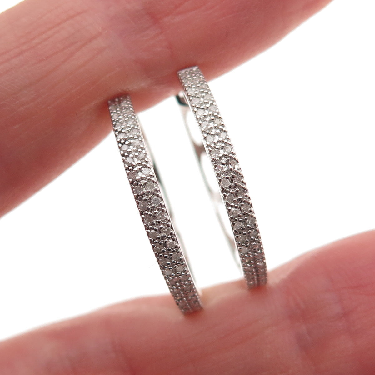 925 Sterling Silver Real Round-Cut Diamond Hoop Earrings