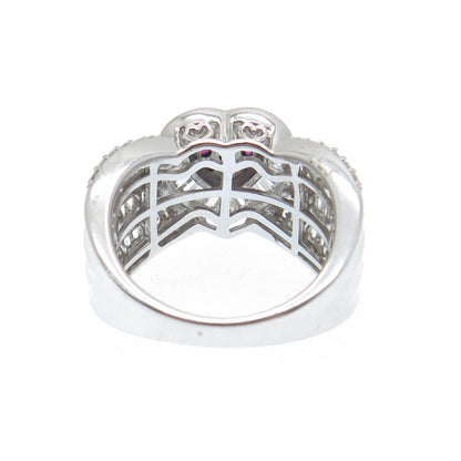 925 Sterling Silver Real Round-Cut Ruby & C Z Heart Ring Size 7.25