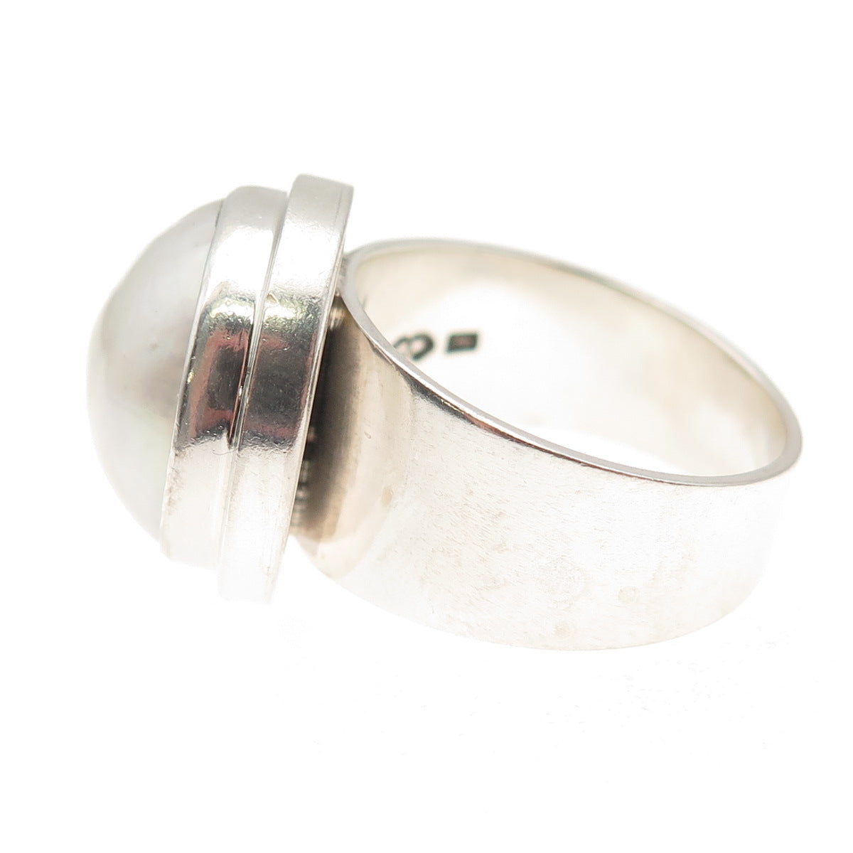 925 Sterling Silver Vintage Real Pearl Modernist Oxidized Ring Size 9.25