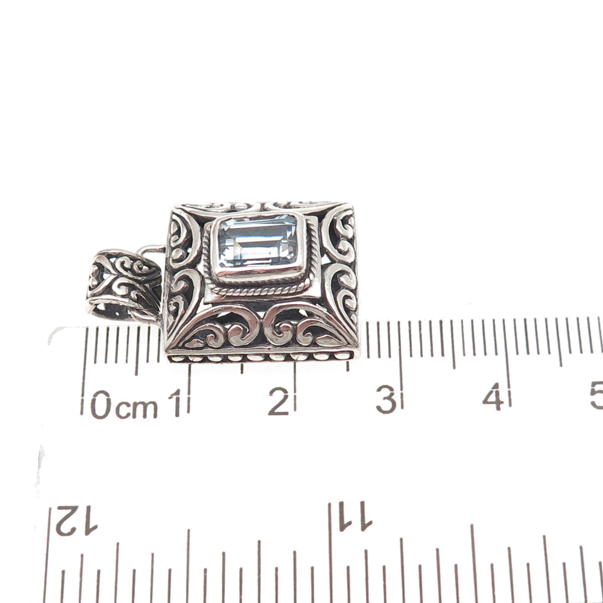 925 Sterling Silver Vintage Real Blue Topaz Floral Ornate Oxidized Charm Pendant
