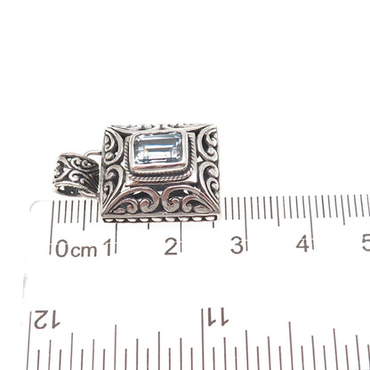 925 Sterling Silver Vintage Real Blue Topaz Floral Ornate Oxidized Charm Pendant
