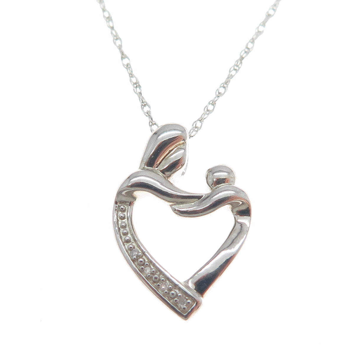 925 Sterling Silver Real Diamond Mom & Child Heart Singapore Chain Necklace 18"