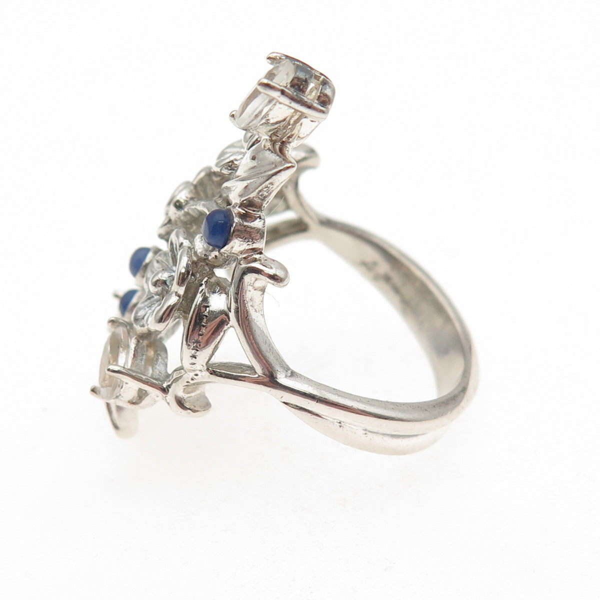 925 Sterling Silver Real Tanzanite & White Topaz Floral Ring Size 7.25