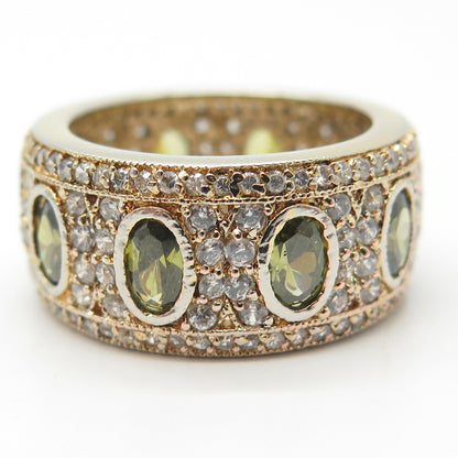 925 Sterling Silver Gold Plated White & Green C Z Band Ring Size 11