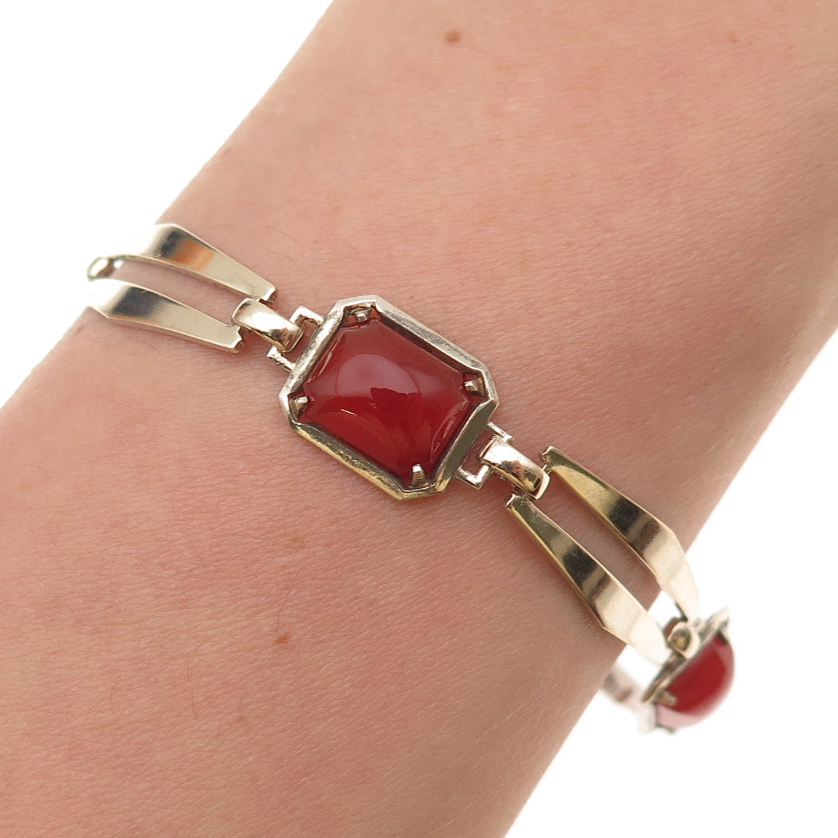 Symmetalic 925 Sterling 14K Gold Antique Art Deco Real Carnelian Bracelet 7.25"