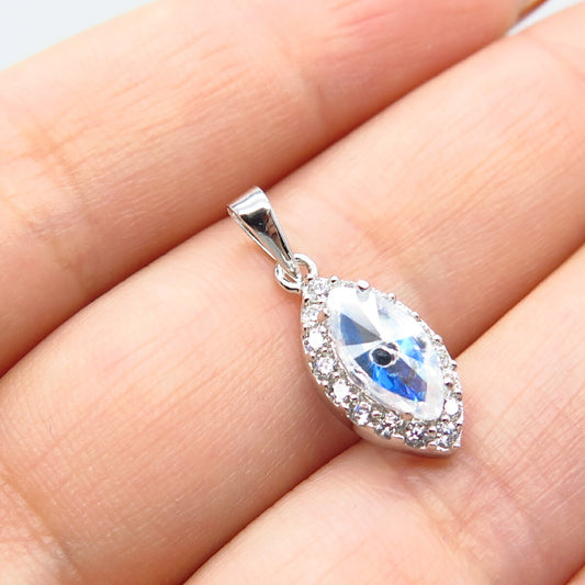 925 Sterling Silver Blue Glass & C Z Pendant