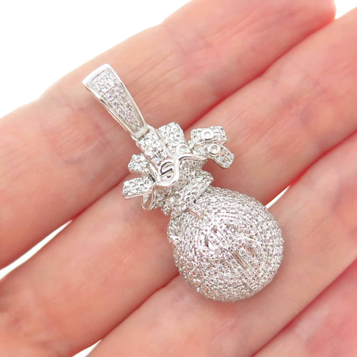 925 Sterling Silver Round-Cut C Z Dollar Sign Money Bag Charm Pendant