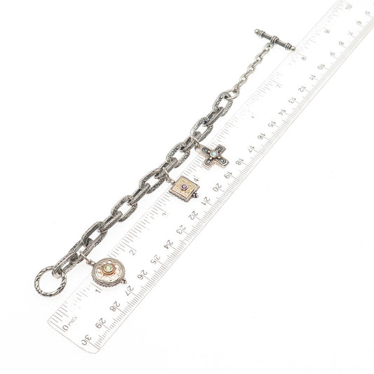 925 Sterling 2-Tone Vintage Amethyst Peridot & Topaz Multi-Charm Bracelet 6.75"
